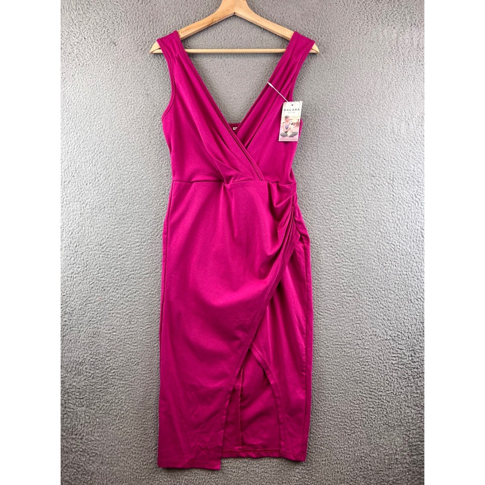 New HALARA Dress M Pink Sleeveless V Neck Wrap Ruched Bodycon Midi New